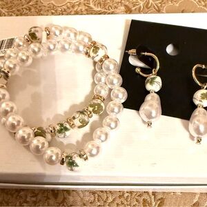 Fashion Pearl Beaded Bracelet and Drop Earrings Set - White with Green Accents